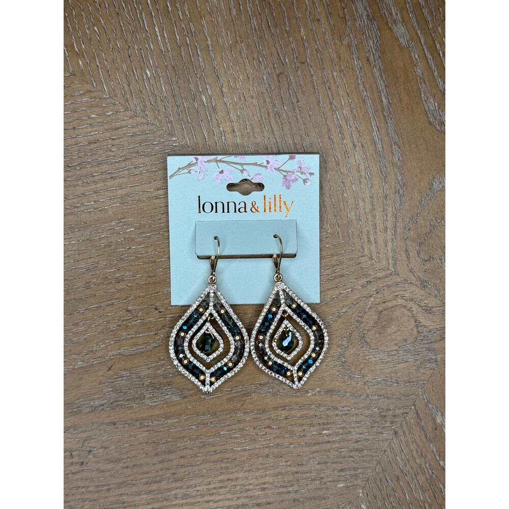 Lonna & Lilly Gold Tone Teardrop Statement Earrings Green Crystal Beaded Dangle
